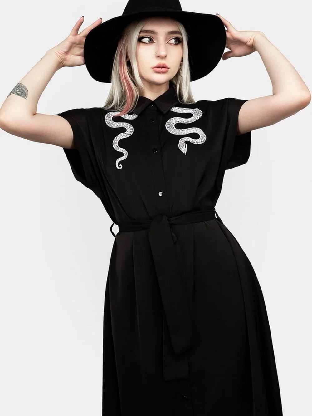 Black Snake Embroidered Shirt Dress with Tie Waist